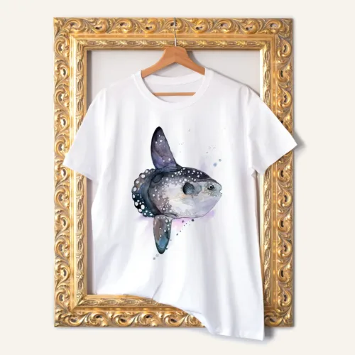 Ocean Sunfish watercolor painting printed on a white cotton T-shirt by Slaveika Aladjova