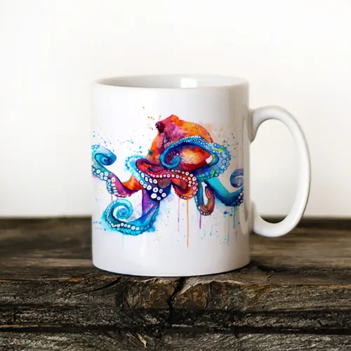 Octopus Art Mug, Watercolor Ceramic Mug 11 oz Octopus watercolor painting printed on an 11 oz ceramic art mug by Slaveika Aladjova