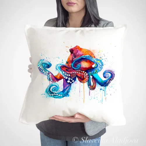 Octopus Art Pillow Cover, Watercolor Cushion 50 × 50 cm Octopus watercolor painting printed on a 50 x 50 cm cotton art pillow cover by Slaveika Aladjova