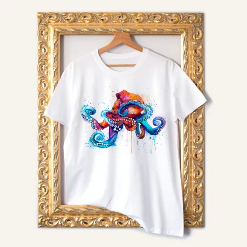 Octopus T-Shirt, Watercolor Art Tee Octopus watercolor painting printed on a white cotton T-shirt by Slaveika Aladjova