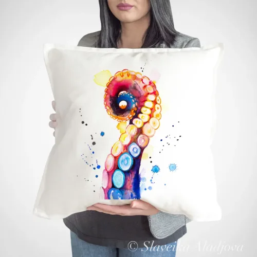 Octopus Tentacle Art Pillow Cover, Watercolor Cushion 50 × 50 cm Octopus Tentacle watercolor painting printed on a 50 x 50 cm cotton art pillow cover by Slaveika Aladjova