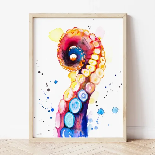 Octopus Tentacle watercolor painting the artwork on the T-shirt by Slaveika Aladjova