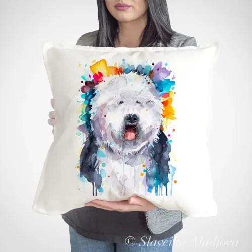 Old English Sheepdog Art Pillow Cover, Watercolor Cushion 50 × 50 cm Old English Sheepdog watercolor painting printed on a 50 x 50 cm cotton art pillow cover by Slaveika Aladjova