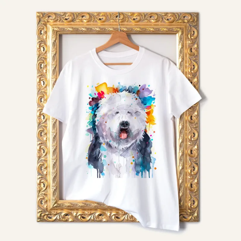Old English Sheepdog watercolor painting printed on a white cotton T-shirt by Slaveika Aladjova