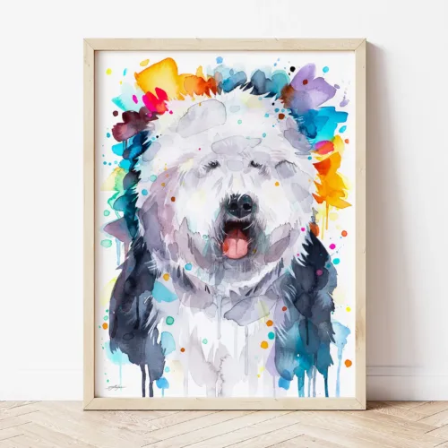 Old English Sheepdog watercolor painting the artwork on the T-shirt by Slaveika Aladjova