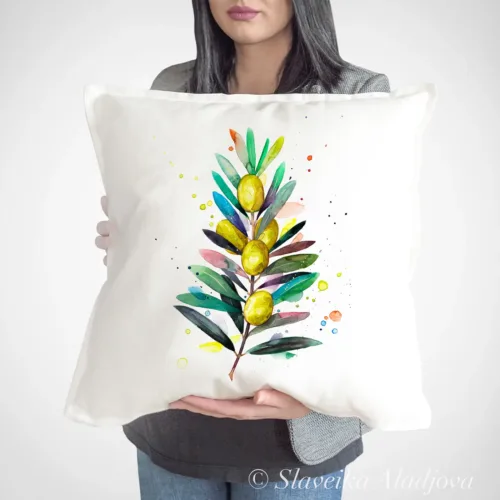 Olive Branch Art Pillow Cover, Watercolor Cushion 50 × 50 cm Olive Branch watercolor painting printed on a 50 x 50 cm cotton art pillow cover by Slaveika Aladjova