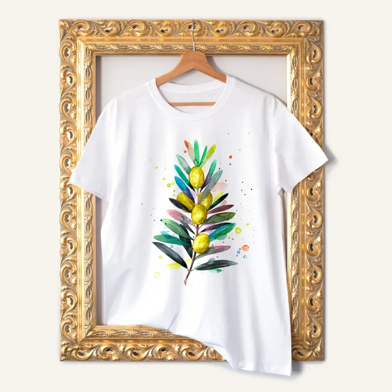 Olive Branch watercolor painting printed on a white cotton T-shirt by Slaveika Aladjova