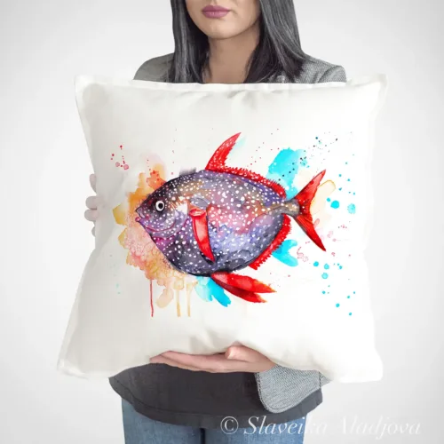 Opah Art Pillow Cover, Watercolor Cushion 50 × 50 cm Opah watercolor painting printed on a 50 x 50 cm cotton art pillow cover by Slaveika Aladjova