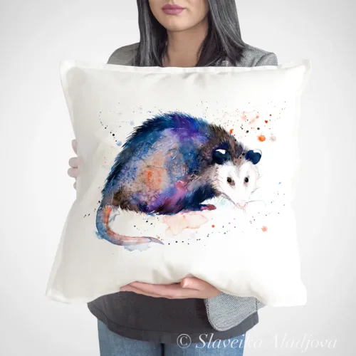Opossum Art Pillow Cover, Watercolor Cushion 50 × 50 cm Opossum watercolor painting printed on a 50 x 50 cm cotton art pillow cover by Slaveika Aladjova