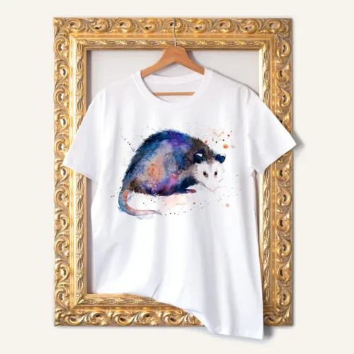 Opossum T-Shirt, Watercolor Art Tee Opossum watercolor painting printed on a white cotton T-shirt by Slaveika Aladjova