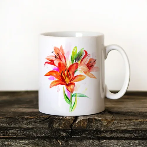 Orange Lilies Art Mug, Watercolor Ceramic Mug 11 oz Orange Lilies watercolor painting printed on an 11 oz ceramic art mug by Slaveika Aladjova