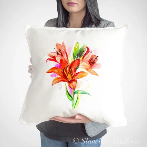 Orange Lilies Art Pillow Cover, Watercolor Cushion 50 × 50 cm Orange Lilies watercolor painting printed on a 50 x 50 cm cotton art pillow cover by Slaveika Aladjova