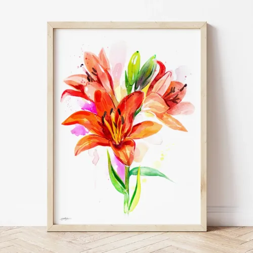 Orange Lilies watercolor painting the artwork on the T-shirt by Slaveika Aladjova