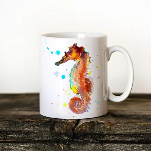 Orange Seahorse watercolor painting printed on an 11 oz ceramic art mug by Slaveika Aladjova