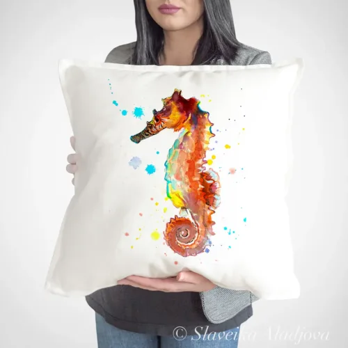 Orange Seahorse Art Pillow Cover, Watercolor Cushion 50 × 50 cm Orange Seahorse watercolor painting printed on a 50 x 50 cm cotton art pillow cover by Slaveika Aladjova