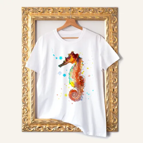 Orange Seahorse watercolor painting printed on a white cotton T-shirt by Slaveika Aladjova