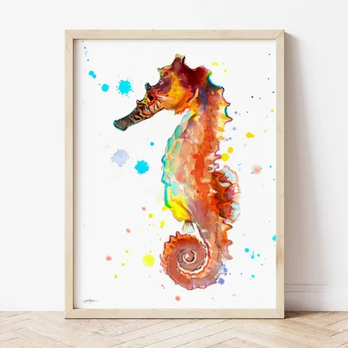 Orange Seahorse watercolor painting the artwork on the T-shirt by Slaveika Aladjova