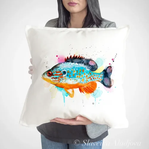 Orangespotted Sunfish Art Pillow Cover, Watercolor Cushion 50 × 50 cm Orangespotted Sunfish watercolor painting printed on a 50 x 50 cm cotton art pillow cover by Slaveika Aladjova