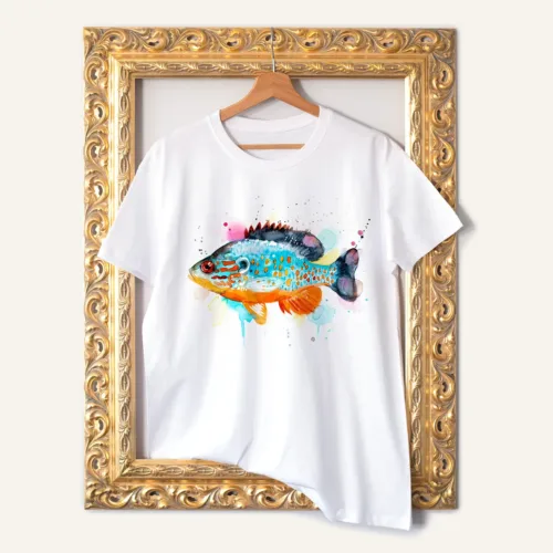 Orangespotted Sunfish T-Shirt, Watercolor Art Tee Orangespotted Sunfish watercolor painting printed on a white cotton T-shirt by Slaveika Aladjova