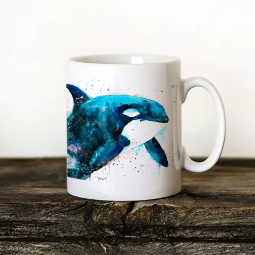 Orca watercolor painting printed on an 11 oz ceramic art mug by Slaveika Aladjova