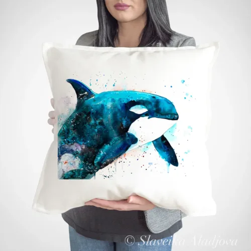 Orca Art Pillow Cover, Watercolor Cushion 50 × 50 cm Orca watercolor painting printed on a 50 x 50 cm cotton art pillow cover by Slaveika Aladjova