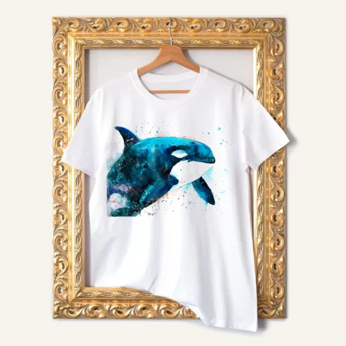 Orca watercolor painting printed on a white cotton T-shirt by Slaveika Aladjova