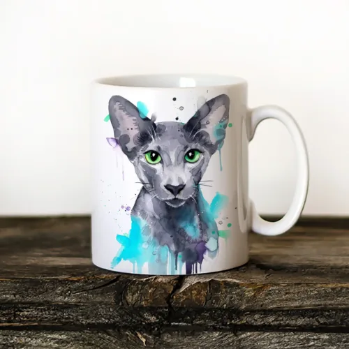 Oriental Shorthair Cat Art Mug, Watercolor Ceramic Mug 11 oz Oriental Shorthair Cat watercolor painting printed on an 11 oz ceramic art mug by Slaveika Aladjova