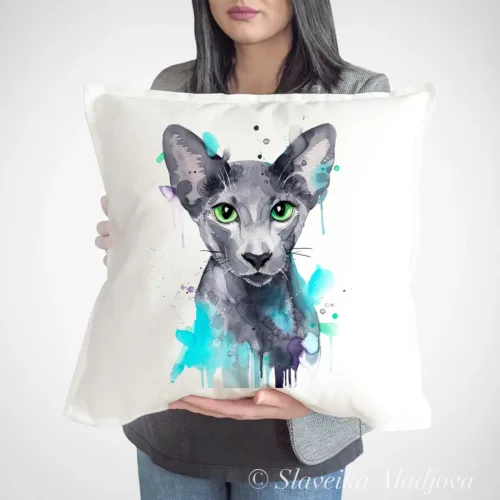 Oriental Shorthair Cat Art Pillow Cover, Watercolor Cushion 50 × 50 cm Oriental Shorthair Cat watercolor painting printed on a 50 x 50 cm cotton art pillow cover by Slaveika Aladjova