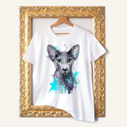 Oriental Shorthair Cat T-Shirt, Watercolor Art Tee Oriental Shorthair Cat watercolor painting printed on a white cotton T-shirt by Slaveika Aladjova