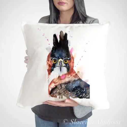 Ornate Hawk-Eagle Art Pillow Cover, Watercolor Cushion 50 × 50 cm Ornate Hawk-Eagle watercolor painting printed on a 50 x 50 cm cotton art pillow cover by Slaveika Aladjova