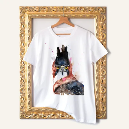 Ornate Hawk-Eagle watercolor painting printed on a white cotton T-shirt by Slaveika Aladjova