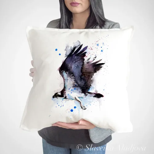 Osprey Art Pillow Cover, Watercolor Cushion 50 × 50 cm Osprey watercolor painting printed on a 50 x 50 cm cotton art pillow cover by Slaveika Aladjova