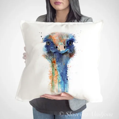 Ostrich watercolor painting printed on a 50 x 50 cm cotton art pillow cover by Slaveika Aladjova