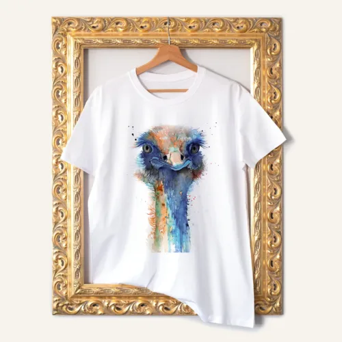 Ostrich watercolor painting printed on a white cotton T-shirt by Slaveika Aladjova