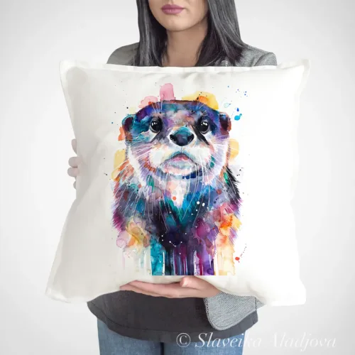 Otter Art Pillow Cover, Watercolor Cushion 50 × 50 cm Otter watercolor painting printed on a 50 x 50 cm cotton art pillow cover by Slaveika Aladjova