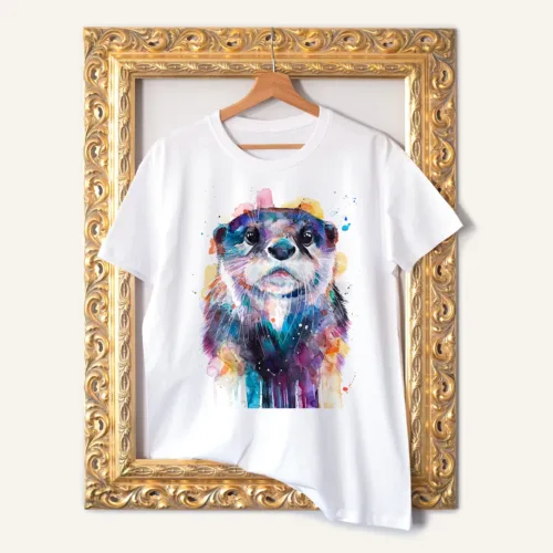 Otter watercolor painting printed on a white cotton T-shirt by Slaveika Aladjova