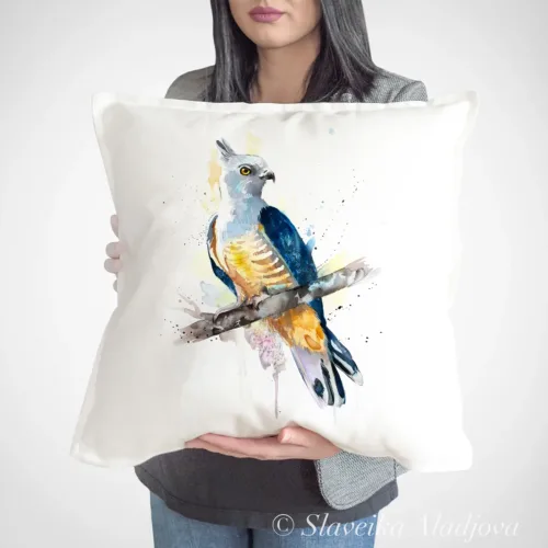 Pacific Baza Art Pillow Cover, Watercolor Cushion 50 × 50 cm Pacific Baza watercolor painting printed on a 50 x 50 cm cotton art pillow cover by Slaveika Aladjova