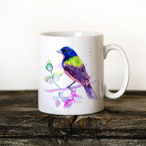 Painted Bunting Art Mug, Watercolor Ceramic Mug 11 oz Painted Bunting watercolor painting printed on an 11 oz ceramic art mug by Slaveika Aladjova