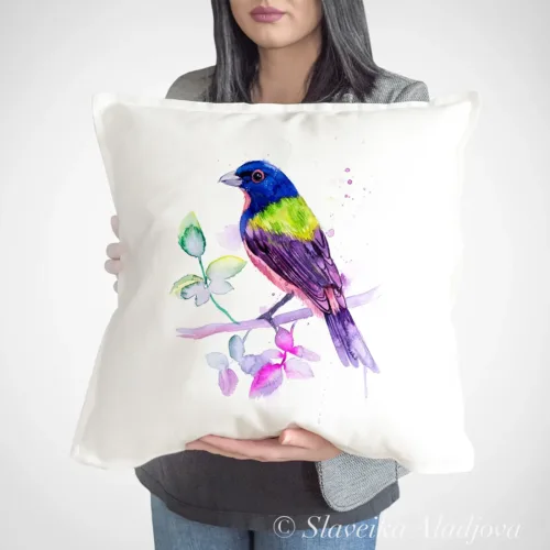 Painted Bunting Art Pillow Cover, Watercolor Cushion 50 × 50 cm Painted Bunting watercolor painting printed on a 50 x 50 cm cotton art pillow cover by Slaveika Aladjova
