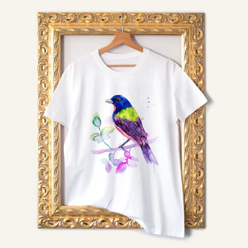 Painted Bunting watercolor painting printed on a white cotton T-shirt by Slaveika Aladjova