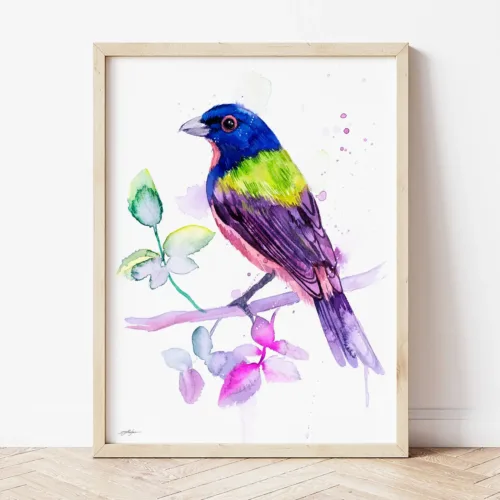 Painted Bunting watercolor painting the artwork on the T-shirt by Slaveika Aladjova