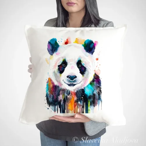 Colourful Panda Art Pillow Cover, Watercolor Cushion 50 × 50 cm Colourful Panda watercolor painting printed on a 50 x 50 cm cotton art pillow cover by Slaveika Aladjova