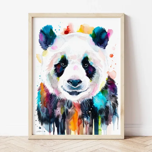 Colourful Panda watercolor painting the artwork on the T-shirt by Slaveika Aladjova