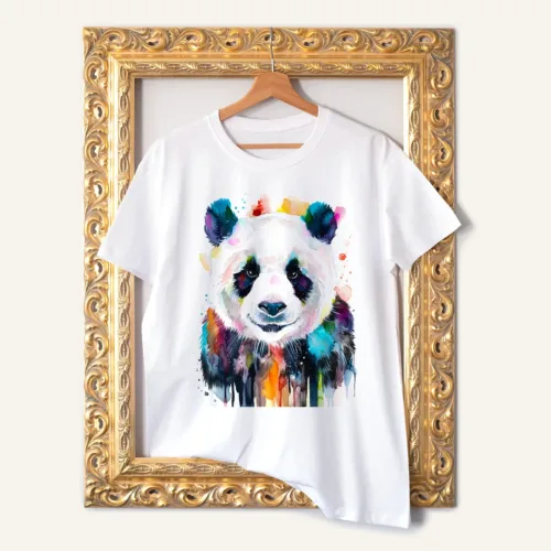 Colourful Panda watercolor painting printed on a white cotton T-shirt by Slaveika Aladjova