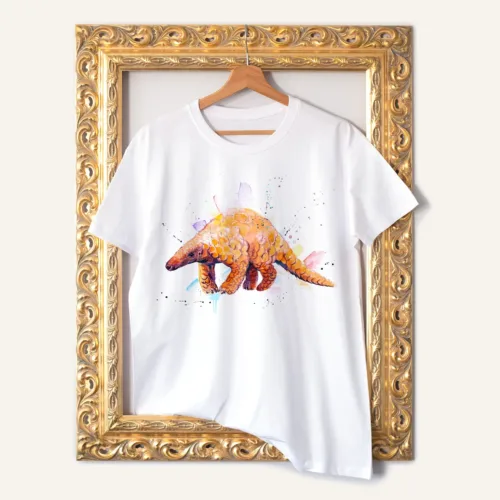 Pangolin T-Shirt, Watercolor Art Tee Pangolin watercolor painting printed on a white cotton T-shirt by Slaveika Aladjova
