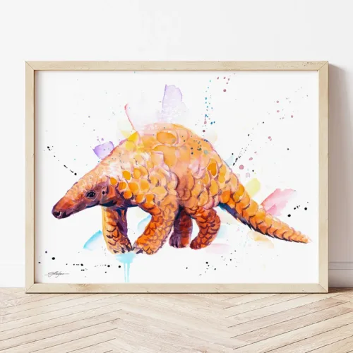Pangolin watercolor painting the artwork on the T-shirt by Slaveika Aladjova