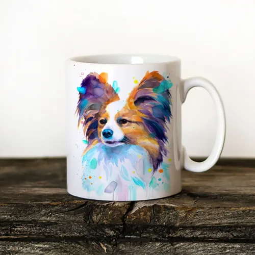 Papillon Art Mug, Watercolor Ceramic Mug 11 oz Papillon watercolor painting printed on an 11 oz ceramic art mug by Slaveika Aladjova