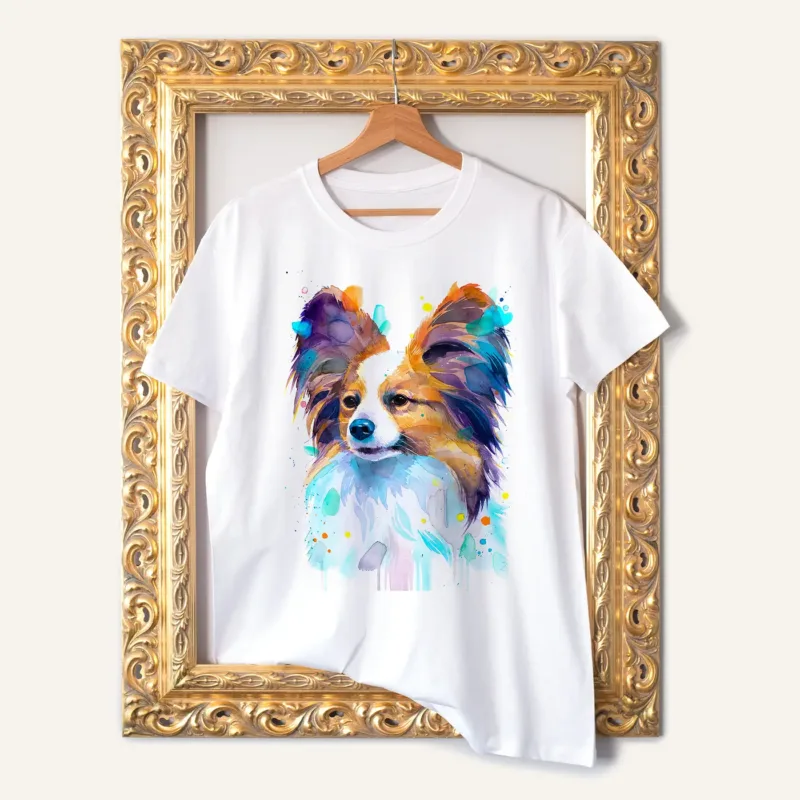 Papillon watercolor painting printed on a white cotton T-shirt by Slaveika Aladjova