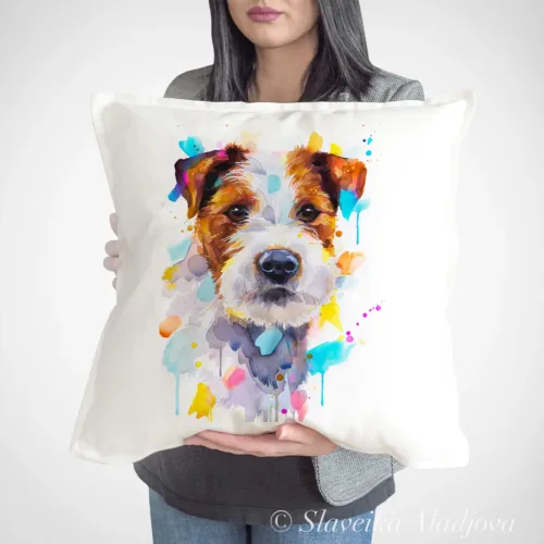 Parson Russell Terrier Art Pillow Cover, Watercolor Cushion 50 × 50 cm Parson Russell Terrier watercolor painting printed on a 50 x 50 cm cotton art pillow cover by Slaveika Aladjova