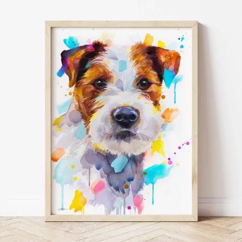 Parson Russell Terrier watercolor painting the artwork on the T-shirt by Slaveika Aladjova